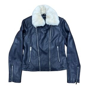 French Connection Leather Jacket Black and White Faux Fur Collar